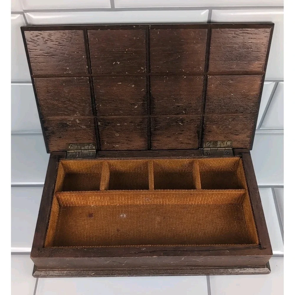 Vintage Wood Jewelry Box Hinged Lid Orange Interior 